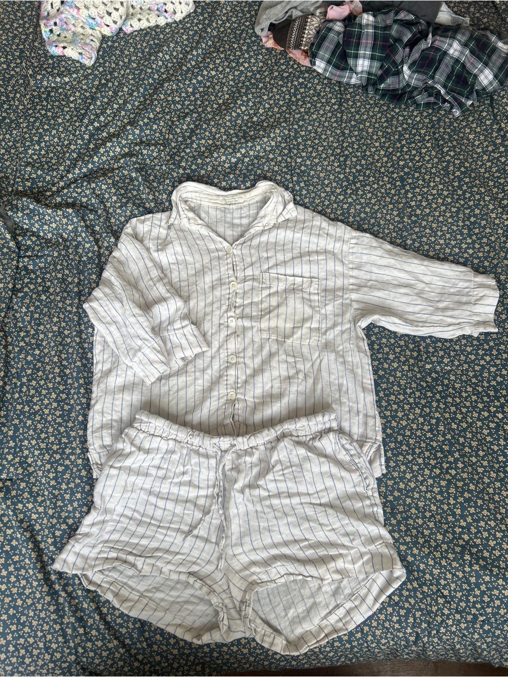 Women’s 100% Linen Love & Lore White and Blue Stripe Button-Up Pajama Set